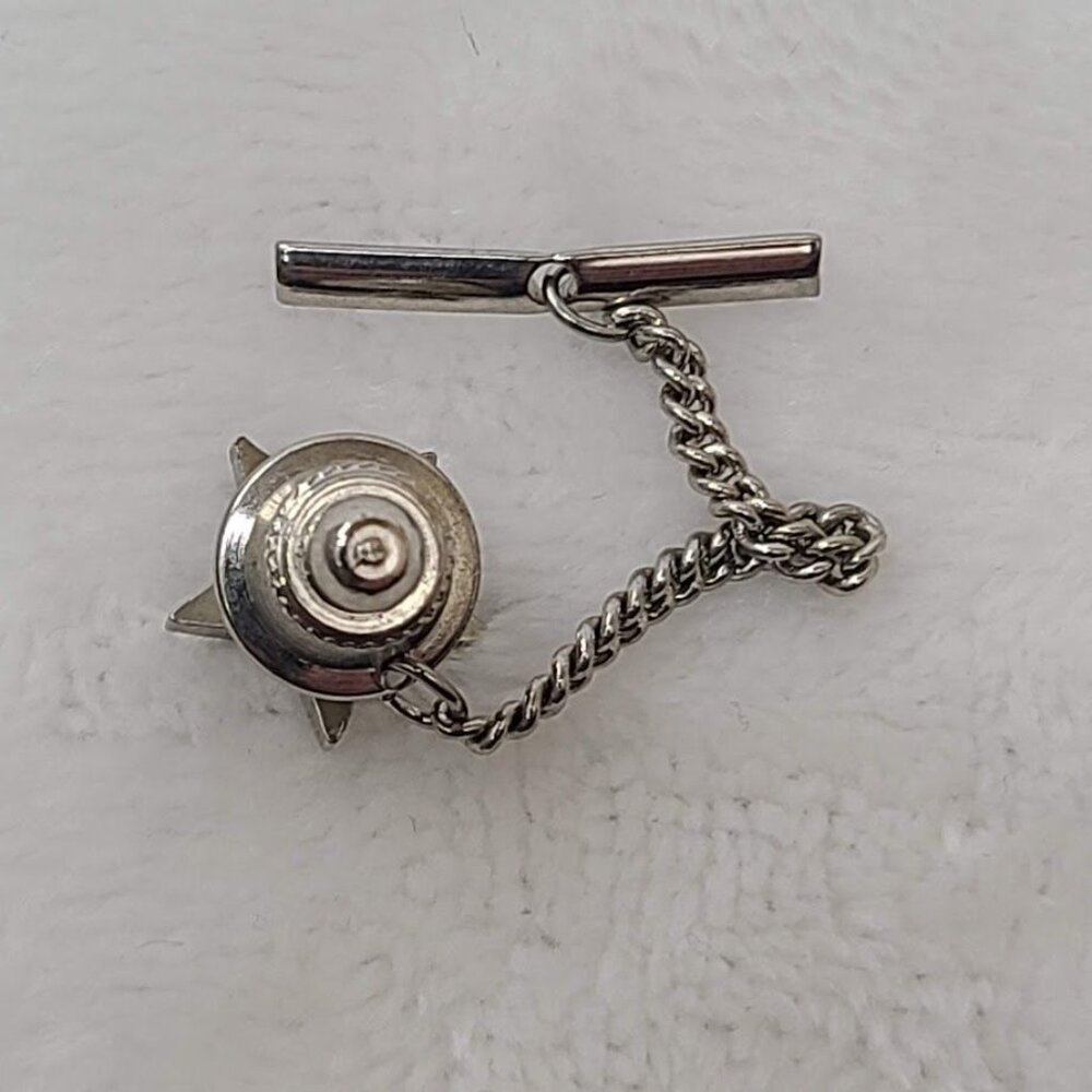 Vintage Silver Star Tie Tack Lapel Pin with Safety Chain and Bar Military Style - Picture 4 of 6